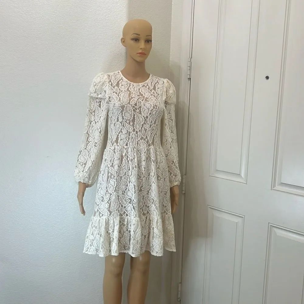 Zara White Cream Lace Mini Dress Size Small Scoop Neck Long Sleeve Ruffles